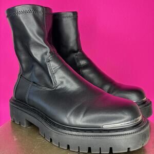 Aldo Alima Black Faux Leather Chunky Lug Sole Silver Toe Accent Boot US 8